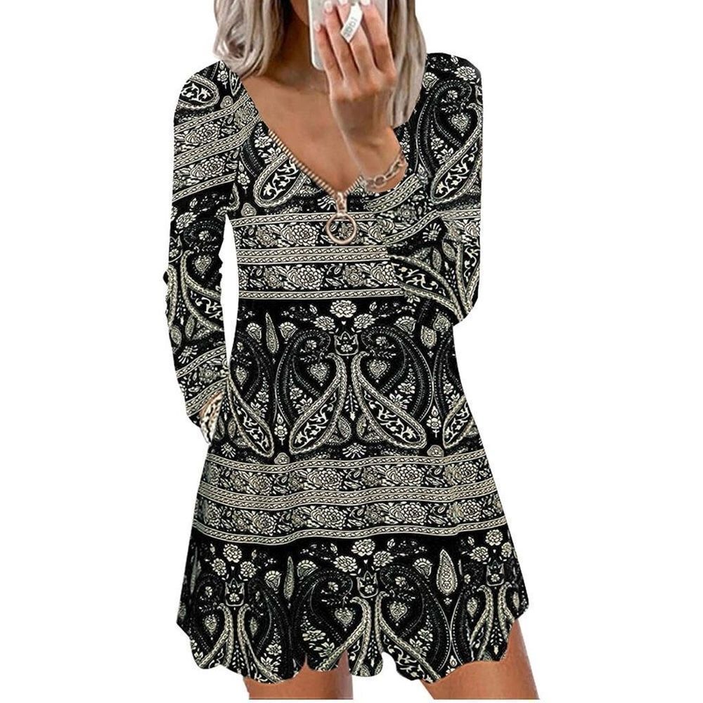 NWT Womens Etcyy Black & White Paisley Print Zipper Detail Boho Dress - Sz S